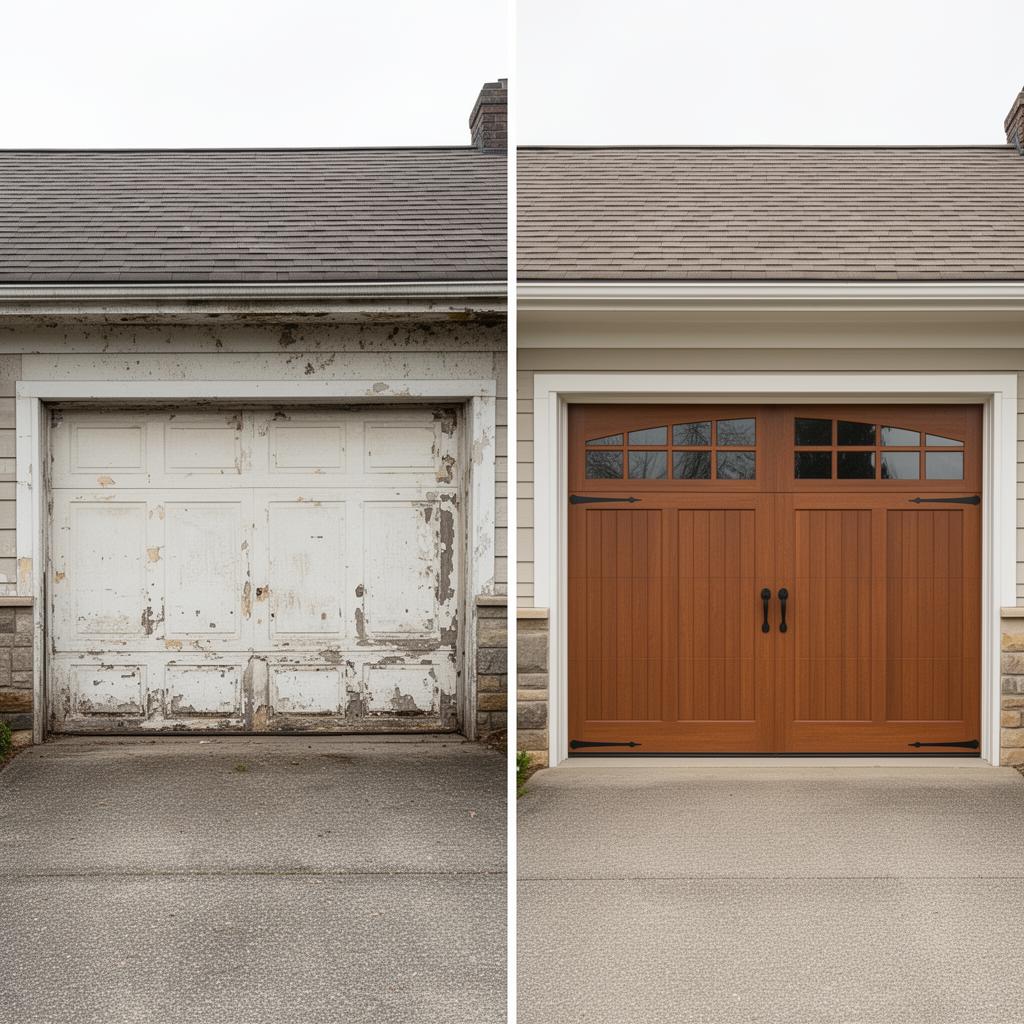 Before and after garage door replacement showing dramatic home improvement transformation